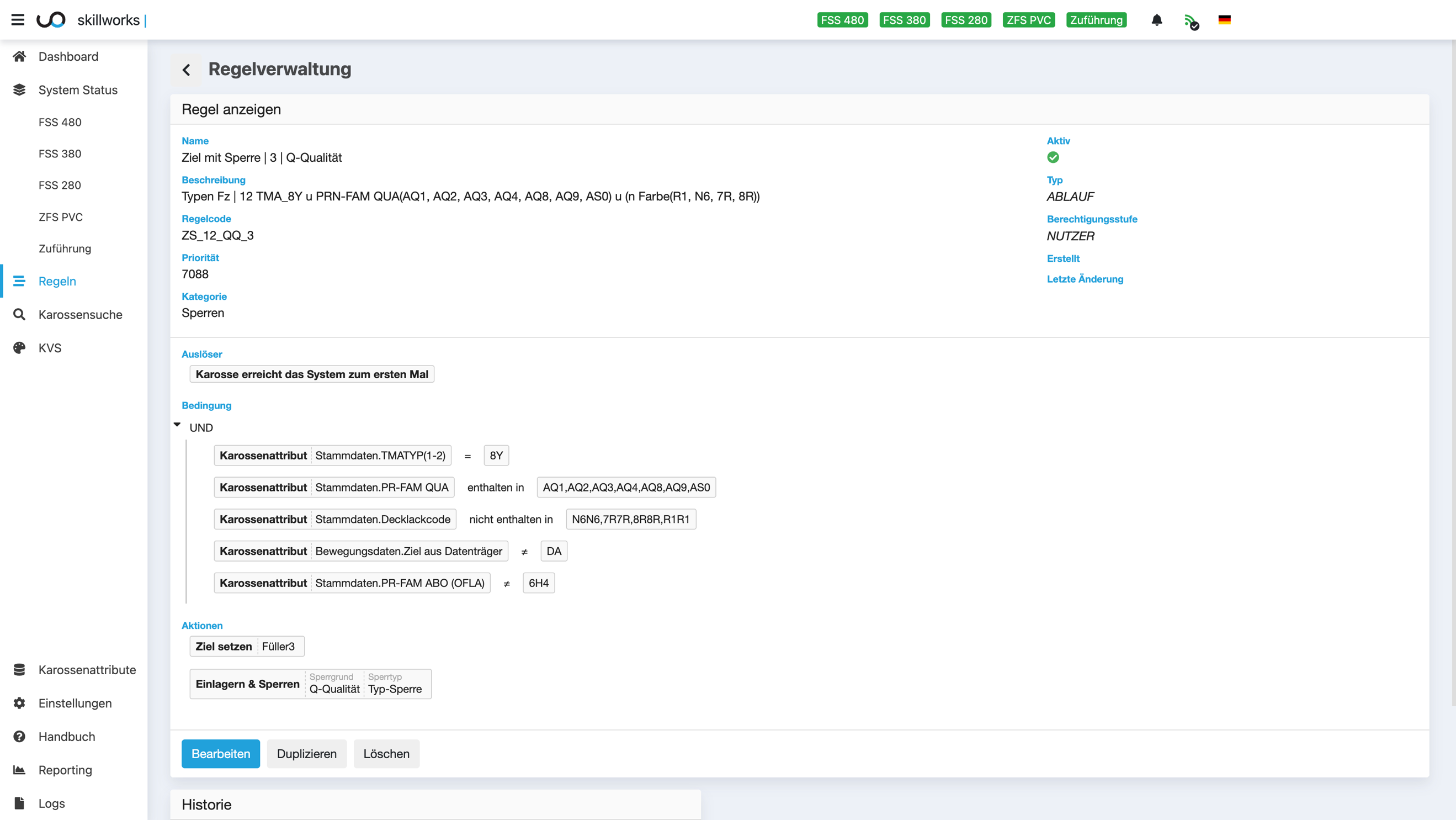 Administration der Materialflussregeln